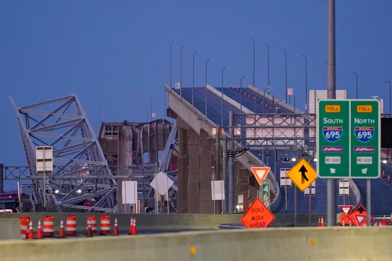 A general view shows the Francis Scott Key Bridge, as seen from the Baltimore side, following the bridge collapse, in Baltimore, Maryland, March 26.  PHOTO: REUTERS