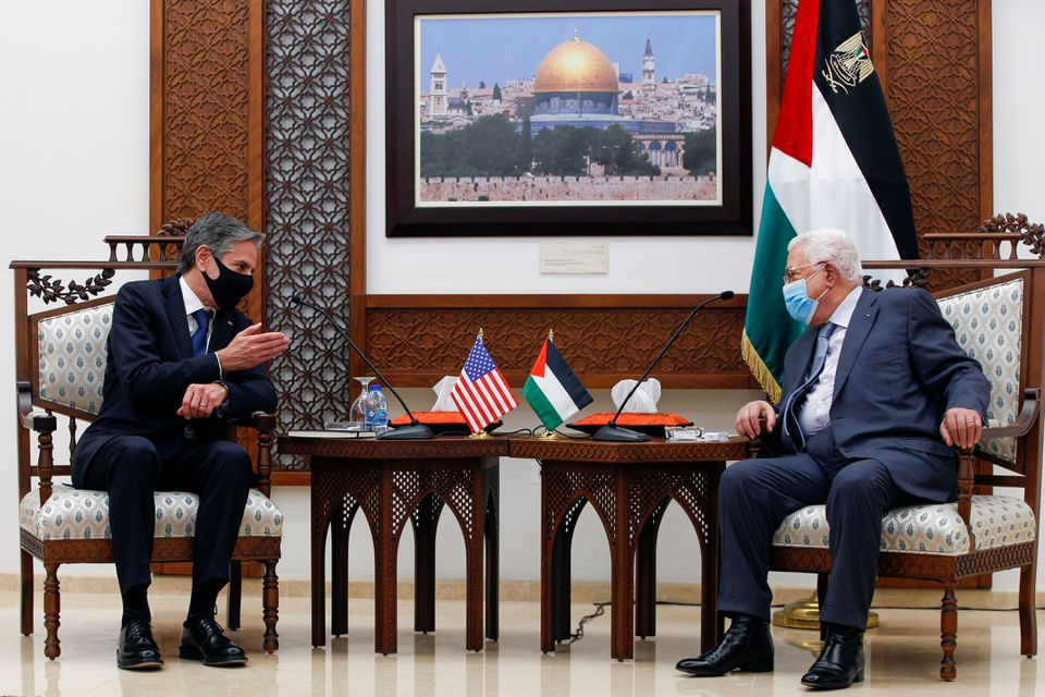 u s secretary of state antony blinken speaks with palestinian president mahmoud abbas in the west bank city of ramallah may 25 2021 photo reuters