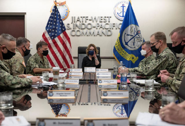 us deputy secretary of defense dr kathleen hicks participates in a red hill cross level discussion with us indo pacific command leadership and the environmental protection agency at usindopacom headquarters hawaii december 14 2021 photo reuters