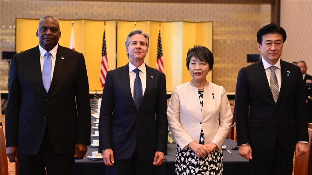 us secretary of state antony blinken us secretary of defence lloyd austin japan s minister for foreign affairs yoko kamikawa and japan s minister of defence minoru kihara pose for japan us 2 2 security consultative committee scc meeting at ikura guest house of the foreign ministry in tokyo japan on july 28 2024 photo anadolu agency us secretary of state antony blinken us secretary of defence lloyd austin japan s minister for foreign affairs yoko kamikawa and japan s minister of defence minoru kihara pose for japan us 2 2 security consultative committee scc meeting at ikura guest house of the foreign ministry in tokyo japan on july 28 2024 photo anadolu agency