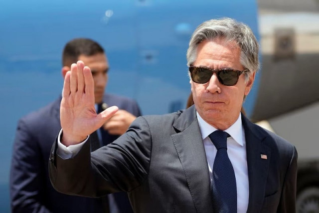 us secretary of state antony blinken gestures upon his arrival at cairo airport egypt monday june 10 2024 photo reuters us secretary of state antony blinken gestures upon his arrival at cairo airport egypt monday june 10 2024 photo reuters