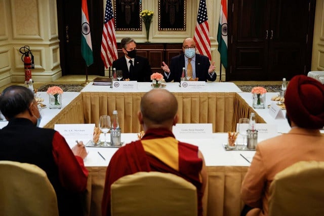 us secretary of state antony blinken and us ambassador to india atul keshap deliver remarks to civil society organization representatives in a meeting room at the leela palace hotel in new delhi india july 28 2021 photo reuters