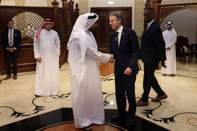 us secretary of state antony blinken is greeted by qatari minister of state dr mohammed bin abdulaziz al khulaifi in doha qatar august 20 2024 photo reuter us secretary of state antony blinken is greeted by qatari minister of state dr mohammed bin abdulaziz al khulaifi in doha qatar august 20 2024 photo reuter