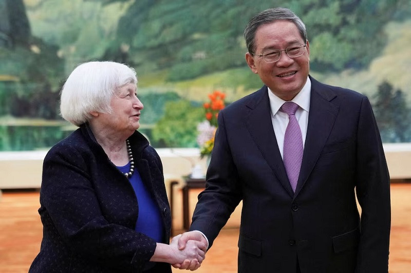 us treasury secretary janet yellen shakes hands with chinese premier li qiang at the great hall of the people in beijing china april 7 2024 photo reuters