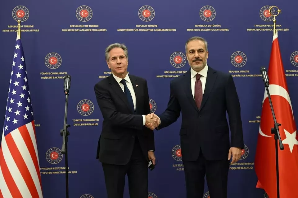 us secretary of state antony blinken shakes the hand of turkish foreign minister hakan fidan after a joint press conference at the ministry headquarters in the turkish capital ankara on december 13 2024 photo reuters us secretary of state antony blinken shakes the hand of turkish foreign minister hakan fidan after a joint press conference at the ministry headquarters in the turkish capital ankara on december 13 2024 photo reuters