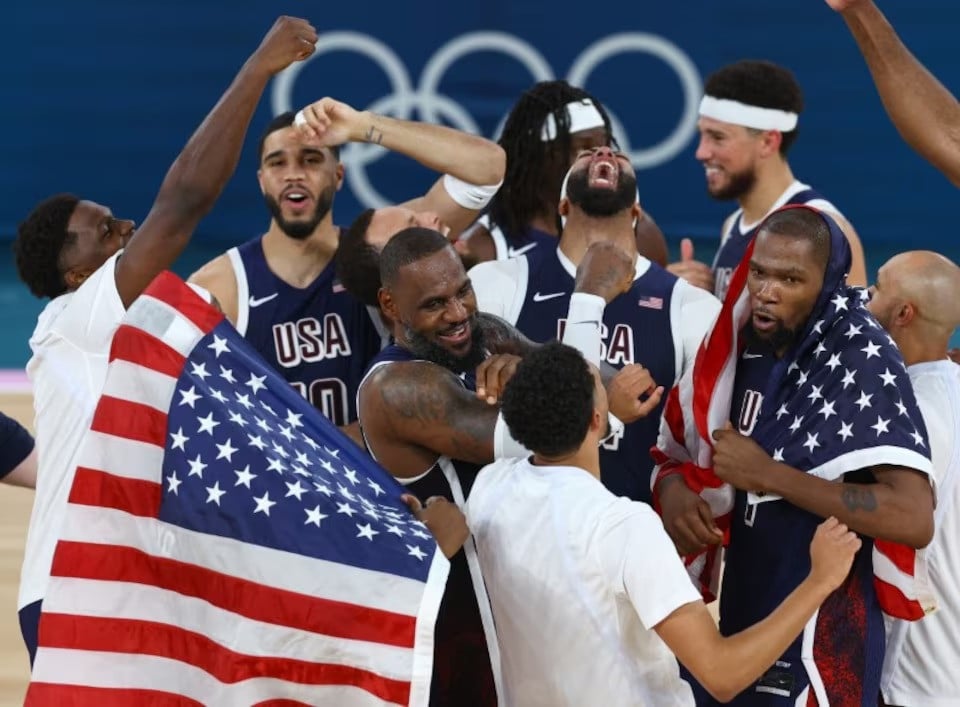 paris olympics basketball men s gold medal game lebron james of united states celebrates with team mates after united states win the gold medal against france in bercy arena paris france on august 10 2024 photo reuters