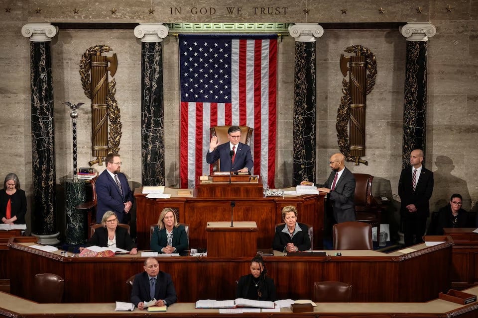 us representative mike johnson is sworn in as speaker of the house after being re elected on the first day of the 119th congress at the us capitol in washington on january 3 2025 photo reuters