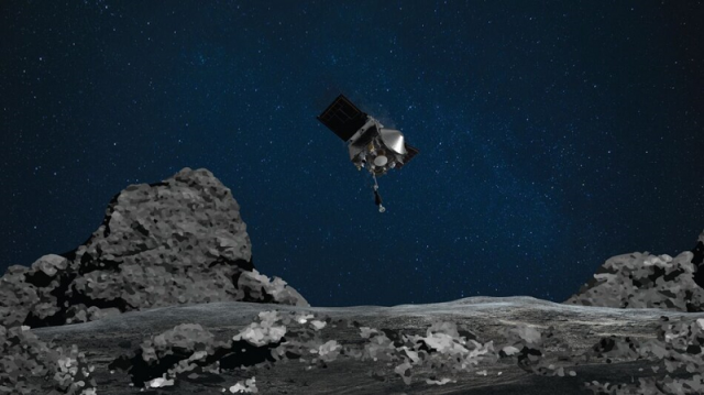 this artist s rendering shows osiris rex spacecraft descending towards asteroid bennu photo nasa