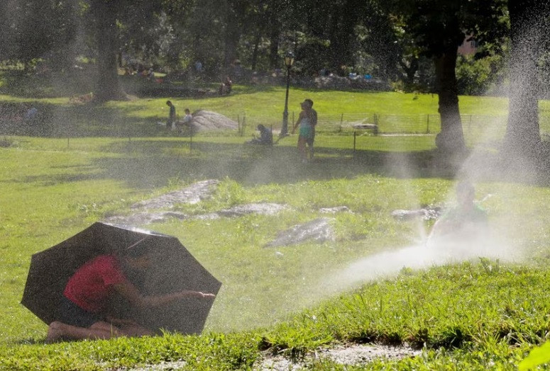 a child takes shelter under an umbrella while another one plays with a water sprinkler in manhattan s central park in new york city u s july 28 2023 reuters amr alfiky