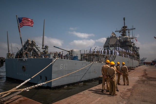 the us guided missile cruiser uss monterey cg 61 at a scheduled sustainment and logistics port visit to karachi photo us mission pakistan the us guided missile cruiser uss monterey cg 61 at a scheduled sustainment and logistics port visit to karachi photo us mission pakistan