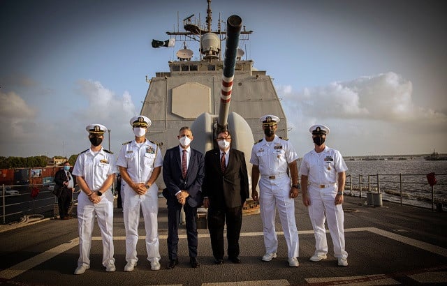 The US guided-missile cruiser USS Monterey (CG 61) at a scheduled sustainment and logistics port visit to Karachi. PHOTO: US Mission Pakistan