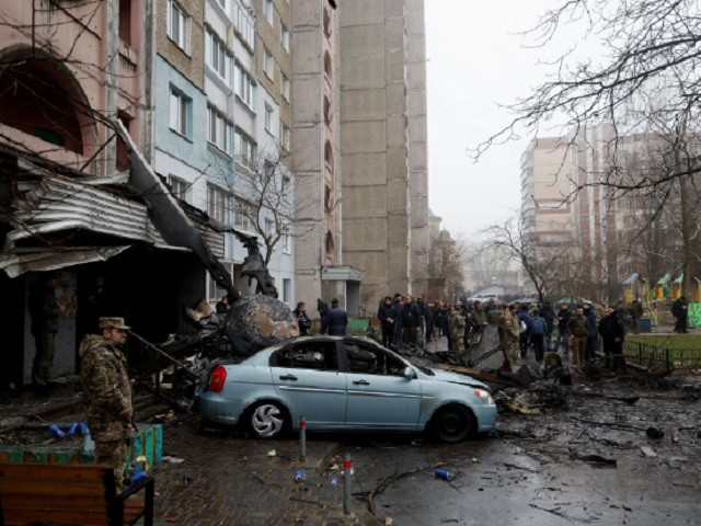 a view shows the site where a helicopter falls on civil infrastructure buildings amid russia s attack on ukraine in the town of brovary outside kyiv ukraine january 18 2023 photo reuters