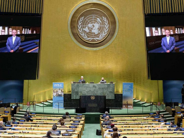 in this photo provided by the united nations president of the international court of justice judge abdulqawi ahmed yusuf is seen on screens as he addresses the united nations general assembly to commemorate the 75th anniversary of the united nations image credit ap