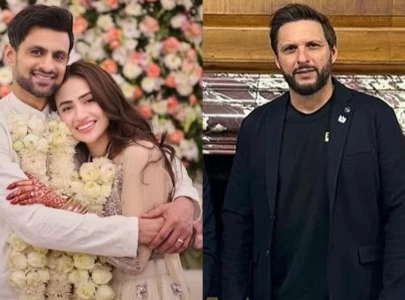 shahid afridi congratulates shoaib malik sana javed with a cheeky remark