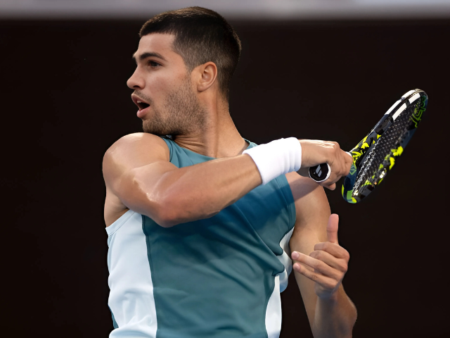 alcarez in action against schvchenko on monday in the australian open