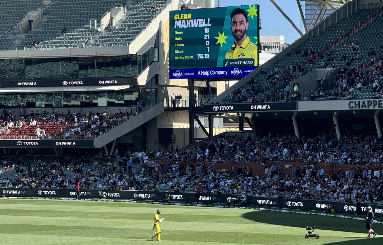 Maxwell departs after Rauf's pinpoint delivery topples his stumps at Australia 129/7. November 8, 2024. PHOTO: EXPRESS/Huzaifa Siddiqui