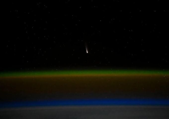 Comet A3 makes a spectacular appearance in this image from NASA astronaut Don Pettit taken from the International Space Station. Don Pettit/NASA