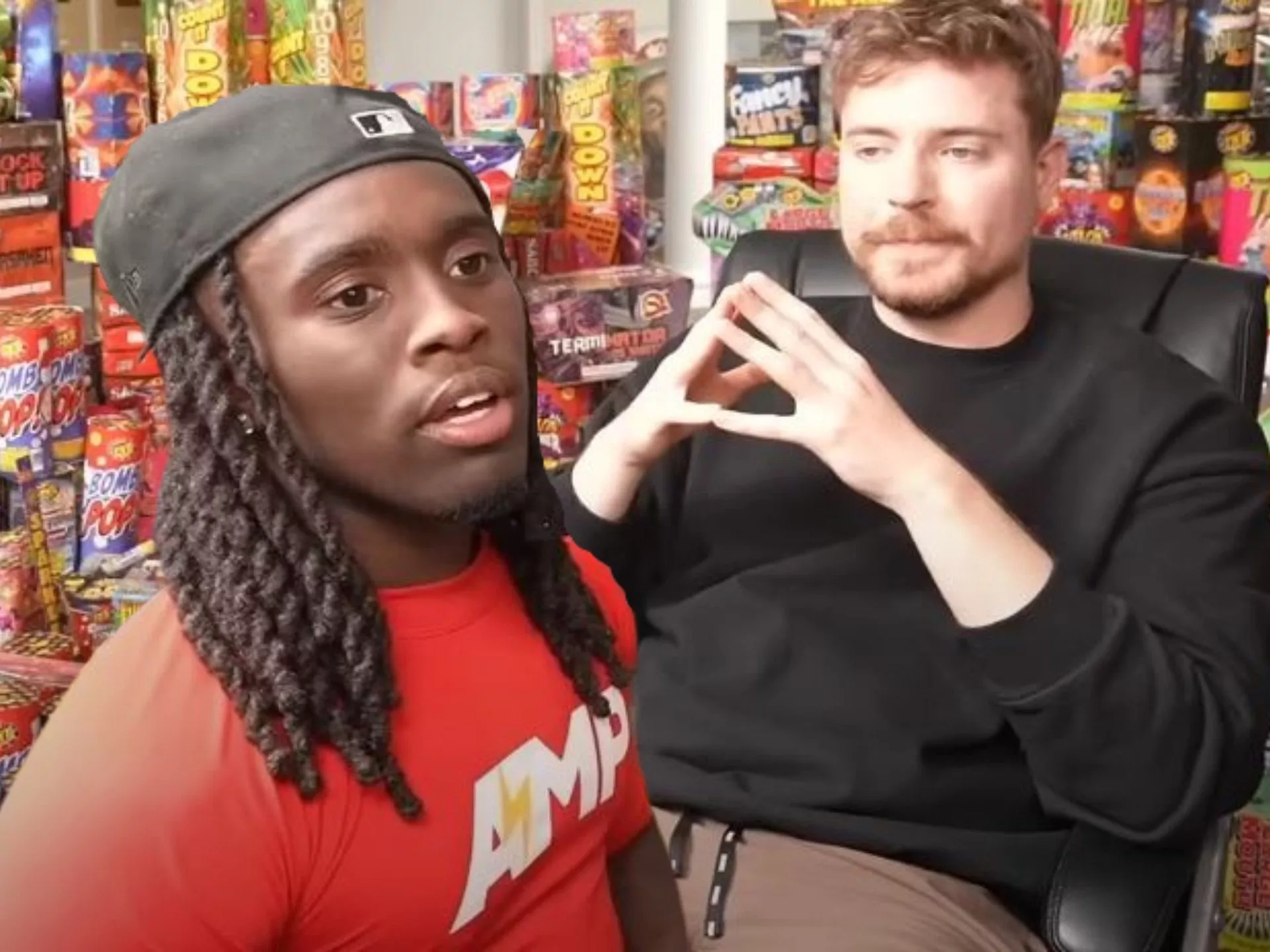 watch kai cenat and mr beast set off fireworks inside the amp house on a livestream