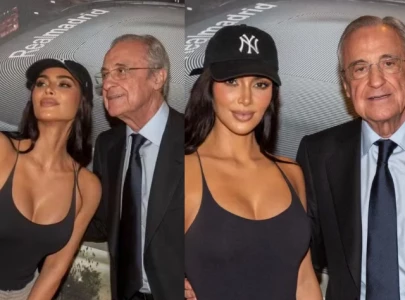 kim kardashian joins real madrid president at santiago bernabeu during laliga match