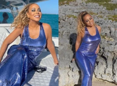 mariah carey celebrates 55th birthday on luxury boat in blue sequin gown