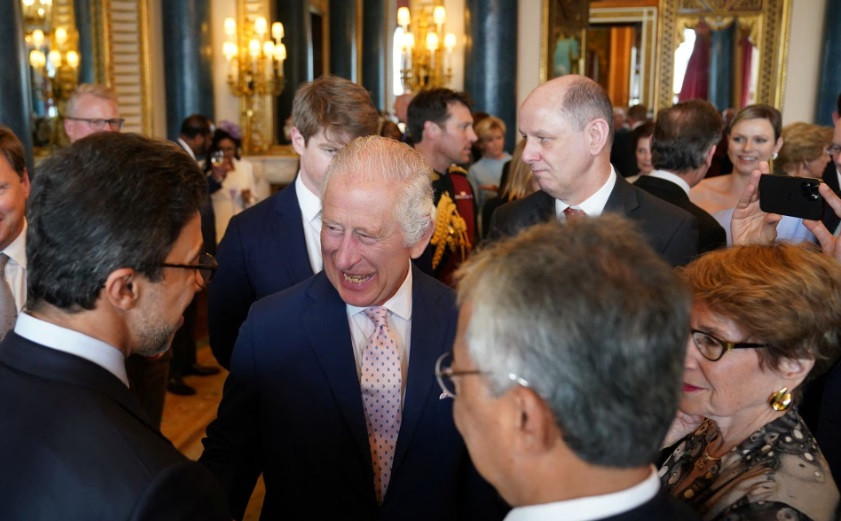 Britain's King Charles speaks to guests during a reception for overseas guests attending his coronation at Buckingham Palace in London, Britain, May 5, 2023. PHOTO: REUTERS