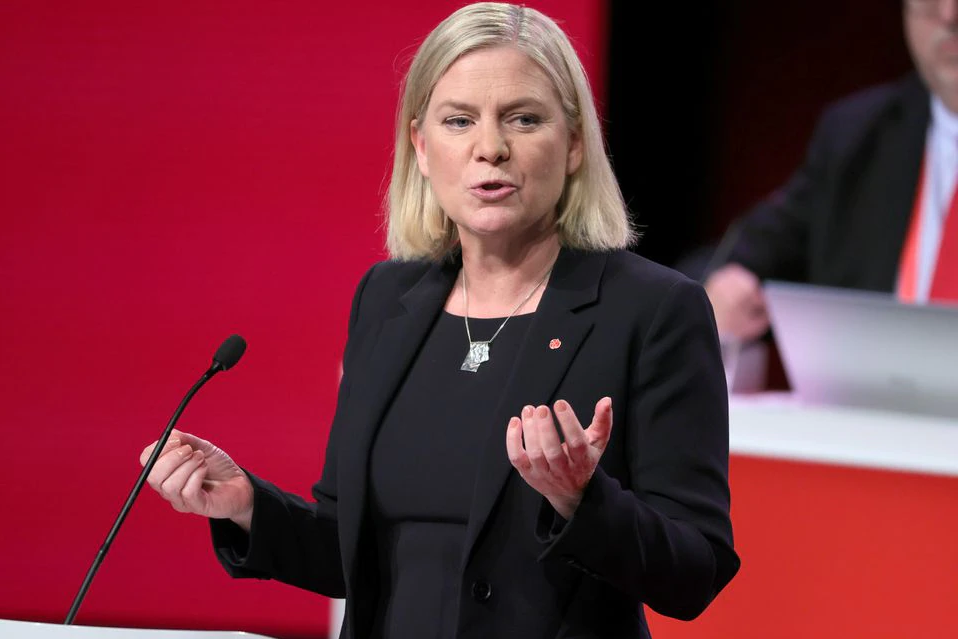 sweden s minister of finance magdalena andersson delivers a speech after being elected as party leader of the social democratic party at the party s congress in gothenburg sweden november 4 2021 adam ihse tt news agency via reuters