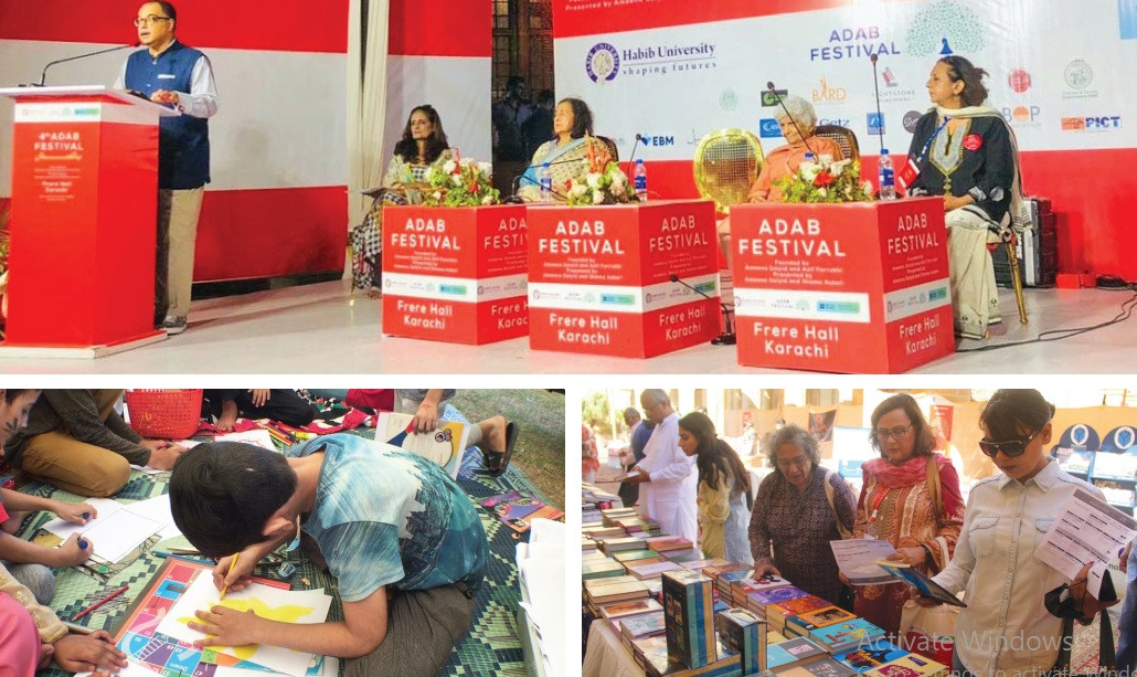 literati take part in a discussion at the fourth adab festival while people browse through books at a stall and children take part in a painting activity photos express agencies