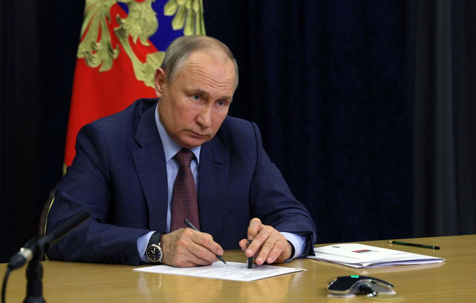 russian president vladimir putin chairs a meeting with leaders of the united russia party via a video conference in sochi russia june 2 2021 photo reuters