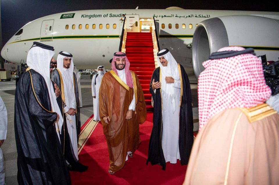 saudi crown prince mohammed bin salman is received by qatar s emir sheikh tamim bin hamed al thani in doha qatar december 8 2021 saudi press agency handout via reuters