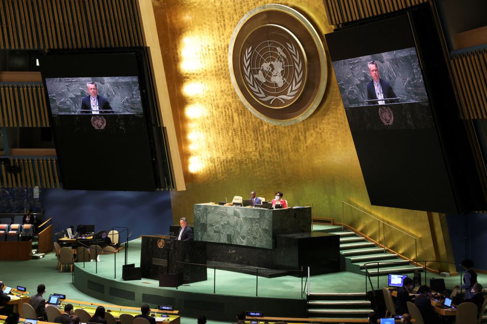 sergiy kyslytsya permanent representative of ukraine to the united nations delivers remarks during an emergency special session of the un general assembly on russia s invasion of ukraine at the united nations headquarters in new york city new york us april 7 2022 photo reuters