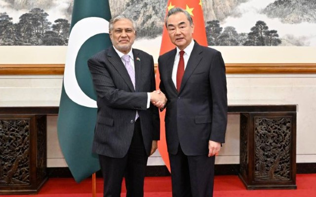 chinese foreign minister wang yi and pakistani deputy prime minister and foreign minister mohammad ishaq dar attend the fifth round of the china pakistan foreign ministers strategic dialogue in beijing on may 15 2024 photo xinhua