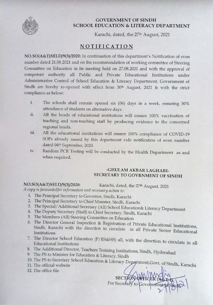 Notification issued by the Government of Sindh's School Education and Literacy Department