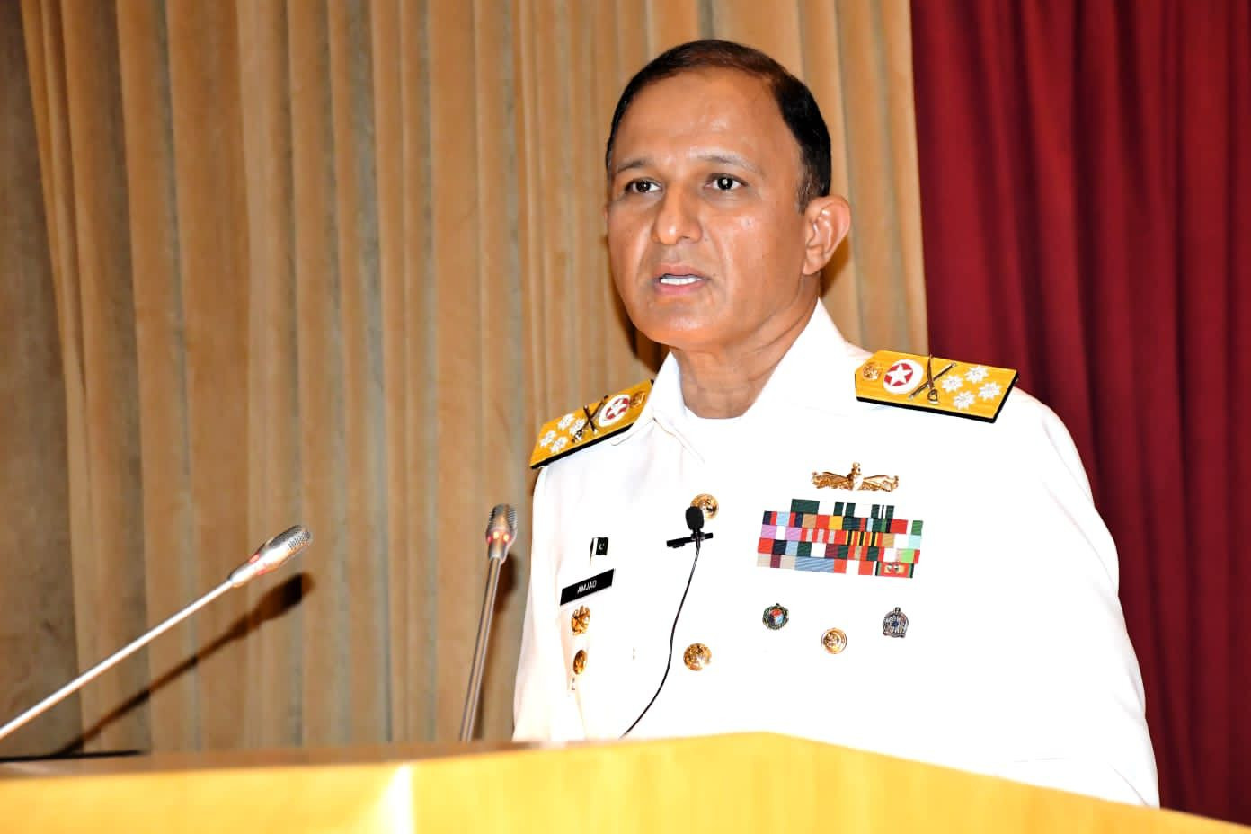 chief of the naval staff admiral muhammad amjad khan niazi says pakistan navy is fully cognisant of maritime security challenges evolving under the ambit of hybrid warfare photo ispr
