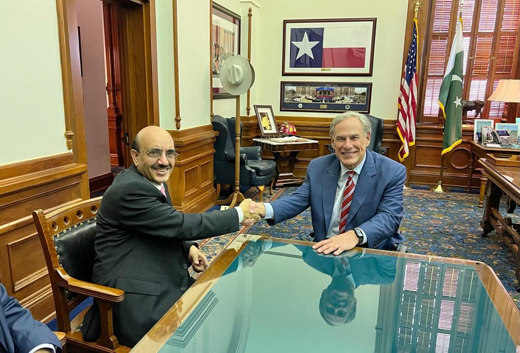 ambassador masood khan meets the governor of texas greg abbott at the capitol office in austin on 29th june 2022