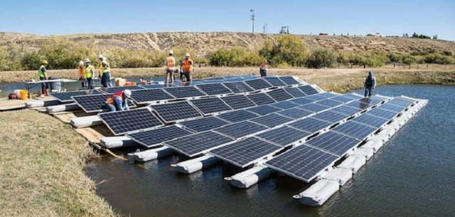sindh government s floating solar panel project photo express sindh government s floating solar panel project photo express