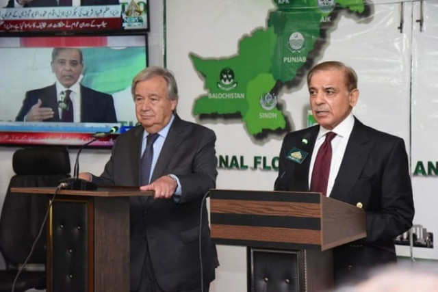 united nations secretary general antonio guterres and prime minister shehbaz sharif addressing a presser at the national flood response coordination centre nfrcc photo app united nations secretary general antonio guterres and prime minister shehbaz sharif addressing a presser at the national flood response coordination centre nfrcc photo app
