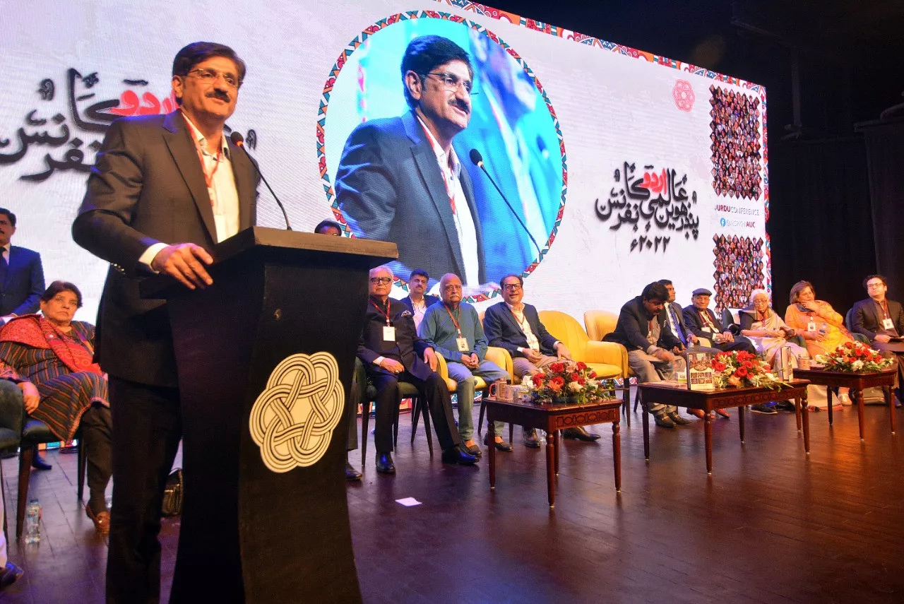 sindh chief minister syed murad ali shah is addressing at the opening ceremony of fifteenth world urdu conference at arts council of pakistan photo express sindh chief minister syed murad ali shah is addressing at the opening ceremony of fifteenth world urdu conference at arts council of pakistan photo express