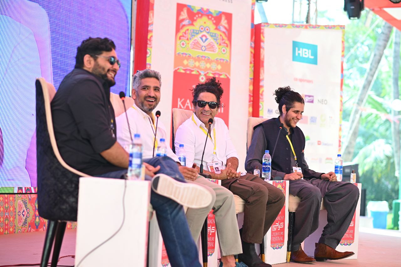 from left to right moderator shehzad ghias sheikh satirists murtaza chaudhry mustafa chaudhry and faysal chaudhry during a panel discussion on day 2 of the karachi literature festival on saturday photo handout