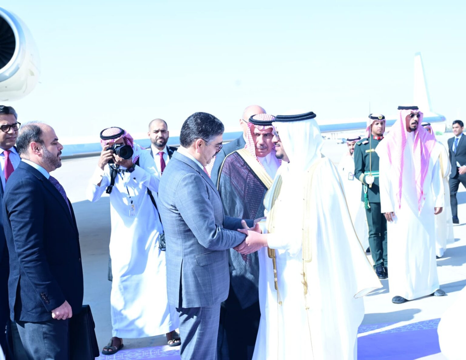 deputy governor riyadh prine mohammad bin abdulrahman bin abdulaziz receiving caretaker prime minister anwaarul haq kakar upon his arrival at riyad on november 10 2023 photo pid
