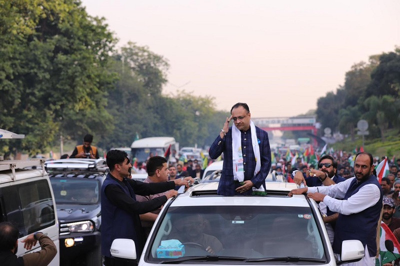 former ajk pm and regional president of ipp sardar tanveer ilyas at a rally at murree road rawalpindi photo express