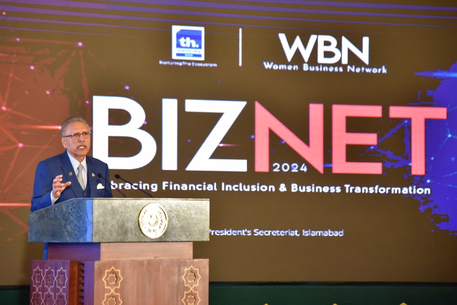 president dr arif alvi addressing the third edition of hosting business net 2024 a platform to promote financial inclusion and digital transformation at aiwan e sadr islamabad on february 19 2024 photo app