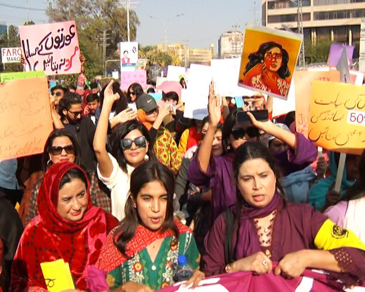 activists of the aurat march carry placards during a rally to mark international women s day in lahore on march 8 2024 photo express