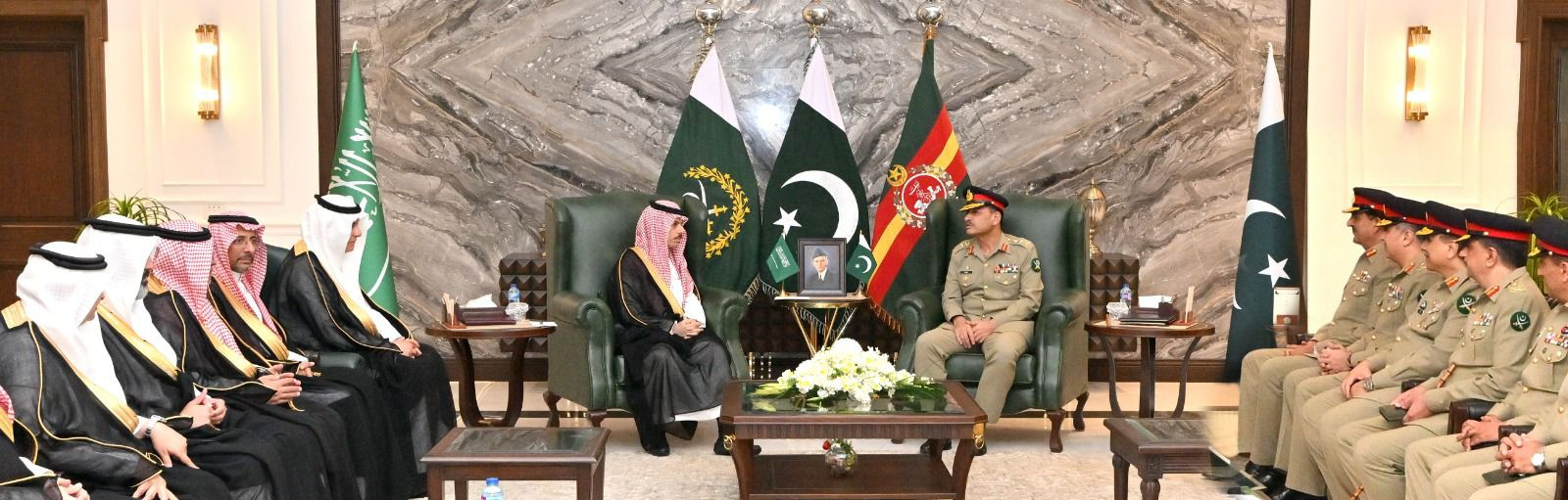 Saudi Foreign Minister Faisal bin Farhan Al Saud meets Chief of Army Staff (COAS) General Syed Asim Munir on April 16, 2024. PHOTO: ISPR