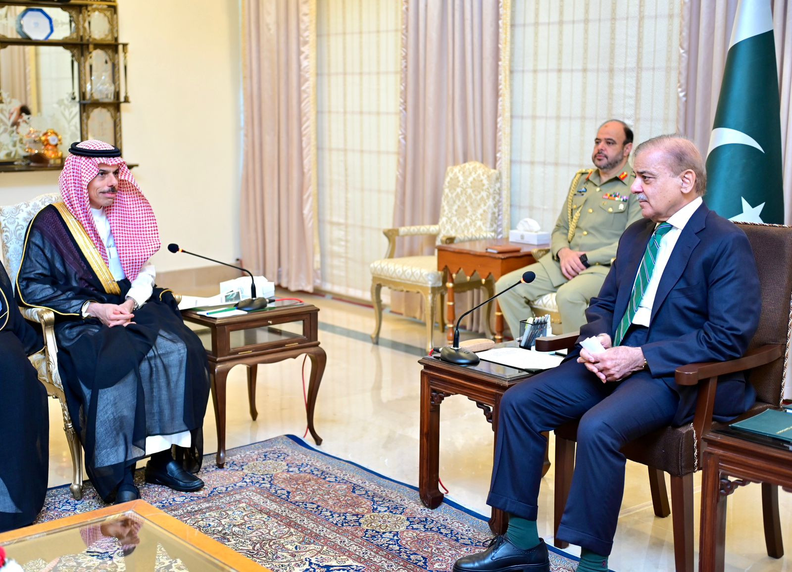 saudi foreign minister faisal bin farhan al saud in conversation with prime minister of pakistan shehbaz sharif during a saudi delegation visit to islamabad on april 16 2024 photo express