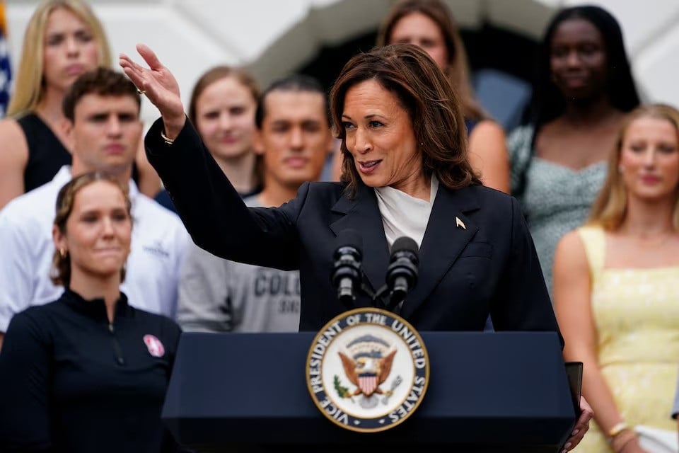 us vice president kamala harris delivers remarks to the women and men s national collegiate athletic association ncaa champion teams in her first public appearance since president joe biden dropped out of the 2024 race on the south lawn of the white house washington us on july 22 2024 photo reuters