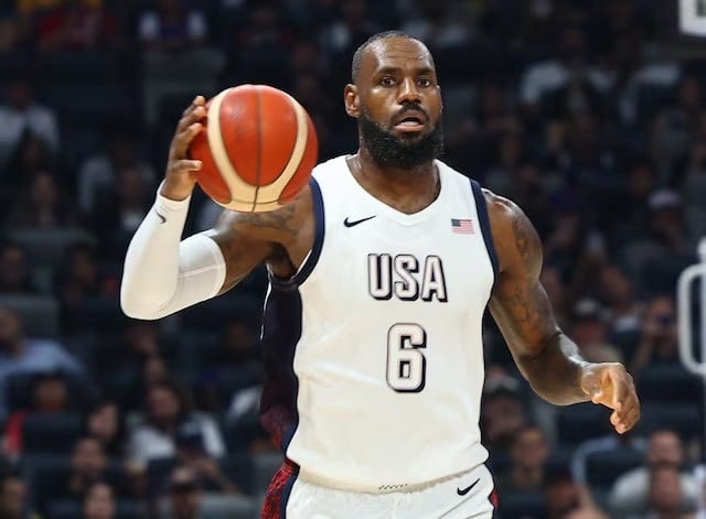 lebron james in action during the united states v serbia at the etihad arena abu dhabi united arab emirates on july 17 2024 photo reuters