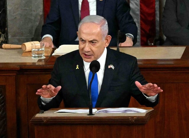 israeli prime minister benjamin netanyahu speaks to a joint meeting of congress at the us capitol on july 24 2024 in washington dc photo afp