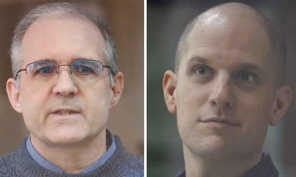 former us marine paul whelan speaks inside a defendants cage during a court hearing to consider an appeal to extend his detention in moscow russia on june 20 2019 and wall street journal reporter evan gershkovich stands inside an enclosure for defendants before a court hearing in yekaterinburg russia on june 26 2024 photo reuters