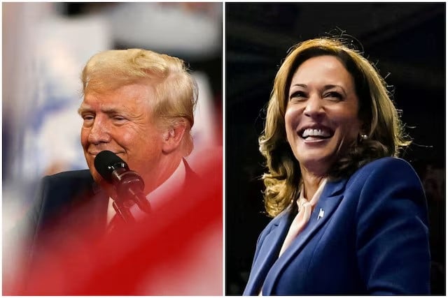 a combination picture shows former us president donald trump reacting during a campaign rally held in atlanta georgia us on august 3 2024 and us vice president kamala harris reacting as she holds a campaign rally in philadelphia pennsylvania us on august 6 2024 photo reuters