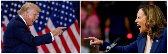 a combination picture shows republican presidential nominee donald trump gesturing during a rally in st cloud minnesota us on july 27 2024 and democratic presidential candidate kamala harris speaking as she holds a campaign rally in philadelphia pennsylvania us on august 6 2024 photo reuters a combination picture shows republican presidential nominee donald trump gesturing during a rally in st cloud minnesota us on july 27 2024 and democratic presidential candidate kamala harris speaking as she holds a campaign rally in philadelphia pennsylvania us on august 6 2024 photo reuters